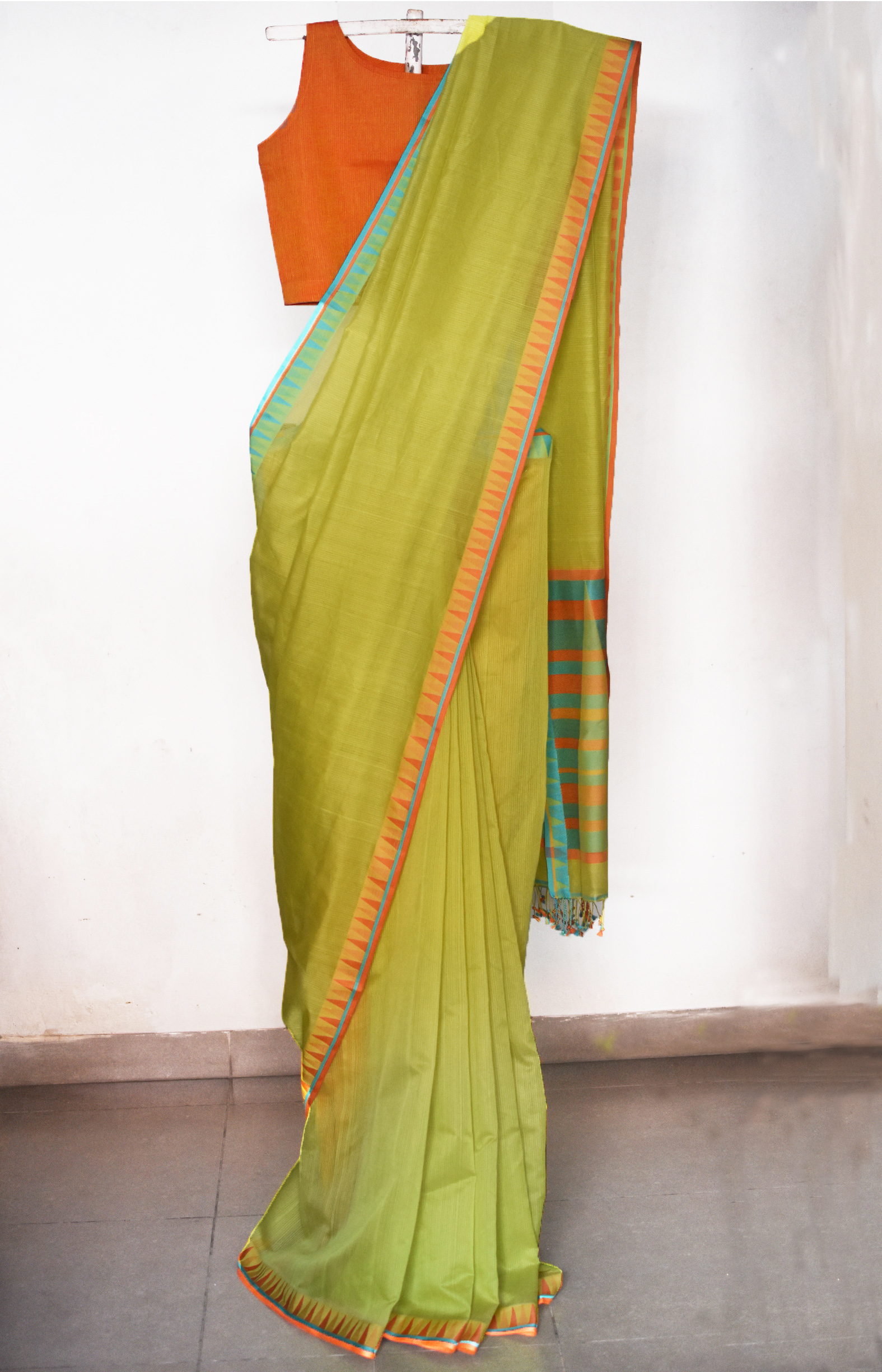 Lime  green, Handwoven Organic Cotton, Textured Weave , Jacquard, Work Wear Saree 